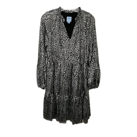 CeCe Dresses & Skirts - CeCe Black & Silver leopard print Babydoll mini dress Ruffled Size Medium NEW